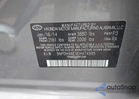 2014 Hyundai Elantra Se из США, поврежденный, VIN 5NPDH4AE5EH474595